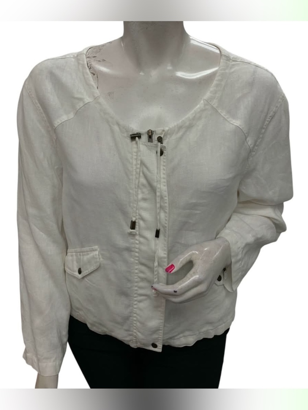 Boston Proper White Linen Zip-Front Utility Jacket Size L